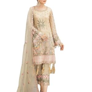 Miss Ethnik Women's Cream Faux Georgette Semi Stitched Top With Unstitched Santoon Bottom and Faux Georgette Dupatta Embroidered Straight Kurta Dress Material (Pakistani Salwar Suit Set)