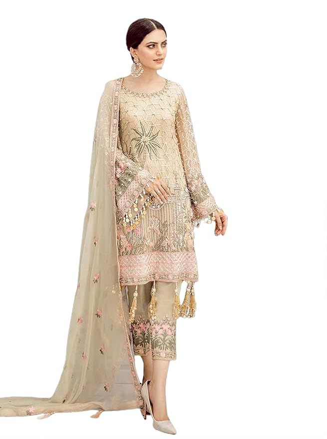 Miss Ethnik Women's Cream Faux Georgette Semi Stitched Top With Unstitched Santoon Bottom and Faux Georgette Dupatta Embroidered Straight Kurta Dress Material (Pakistani Salwar Suit Set)