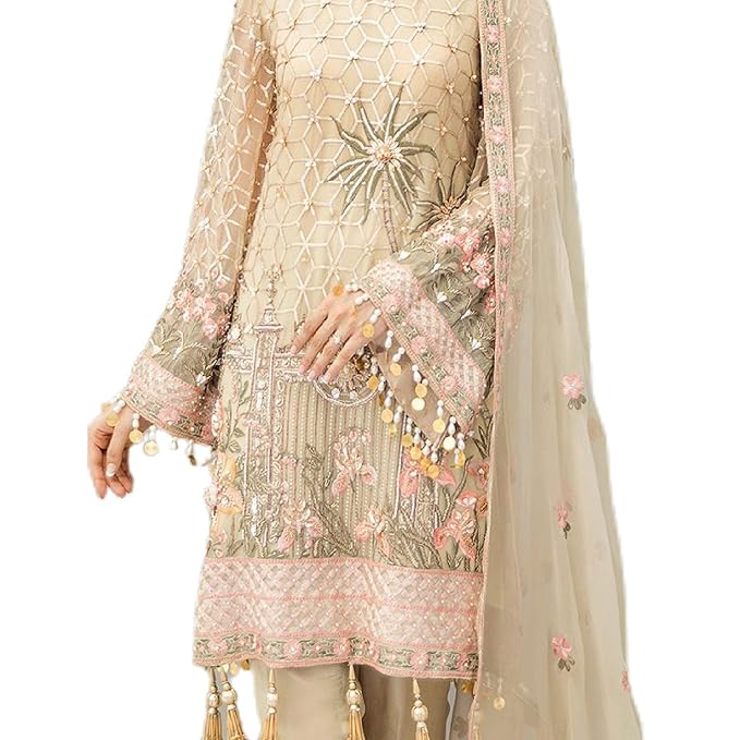 Miss Ethnik Women's Cream Faux Georgette Semi Stitched Top With Unstitched Santoon Bottom and Faux Georgette Dupatta Embroidered Straight Kurta Dress Material (Pakistani Salwar Suit Set)