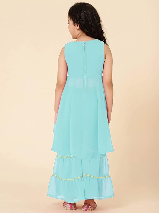 Girl's Polyester Embroiderey Sleeveless Kurta and Sharara Set