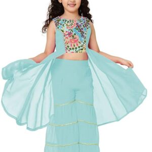 Girl’s Polyester Embroiderey Sleeveless Kurta and Sharara Set
