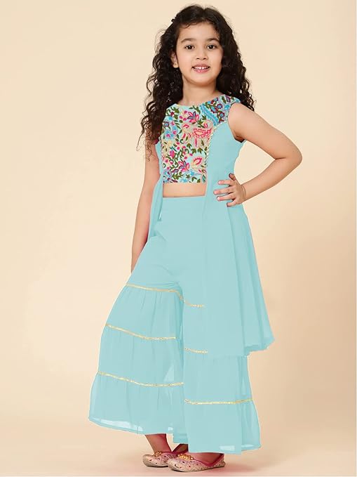 Girl's Polyester Embroiderey Sleeveless Kurta and Sharara Set