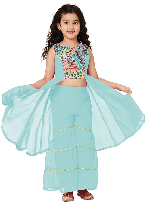 Girl's Polyester Embroiderey Sleeveless Kurta and Sharara Set