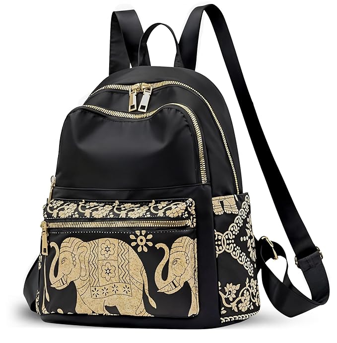 Girls & Women’s Stylish Backpack | Golden Elephant Print Travel, College & Office Bag |