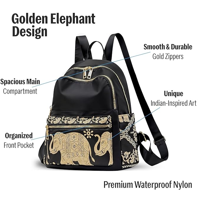 Girls & Women’s Stylish Backpack | Golden Elephant Print Travel, College & Office Bag |